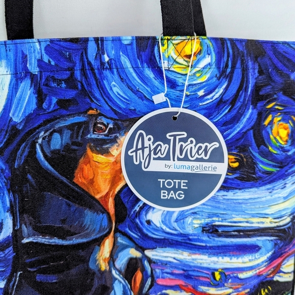 Tote Bag Black Tan Dachshund Night By Aja Trier Poly Poplin Multicolor Print NWT - Picture 9 of 9